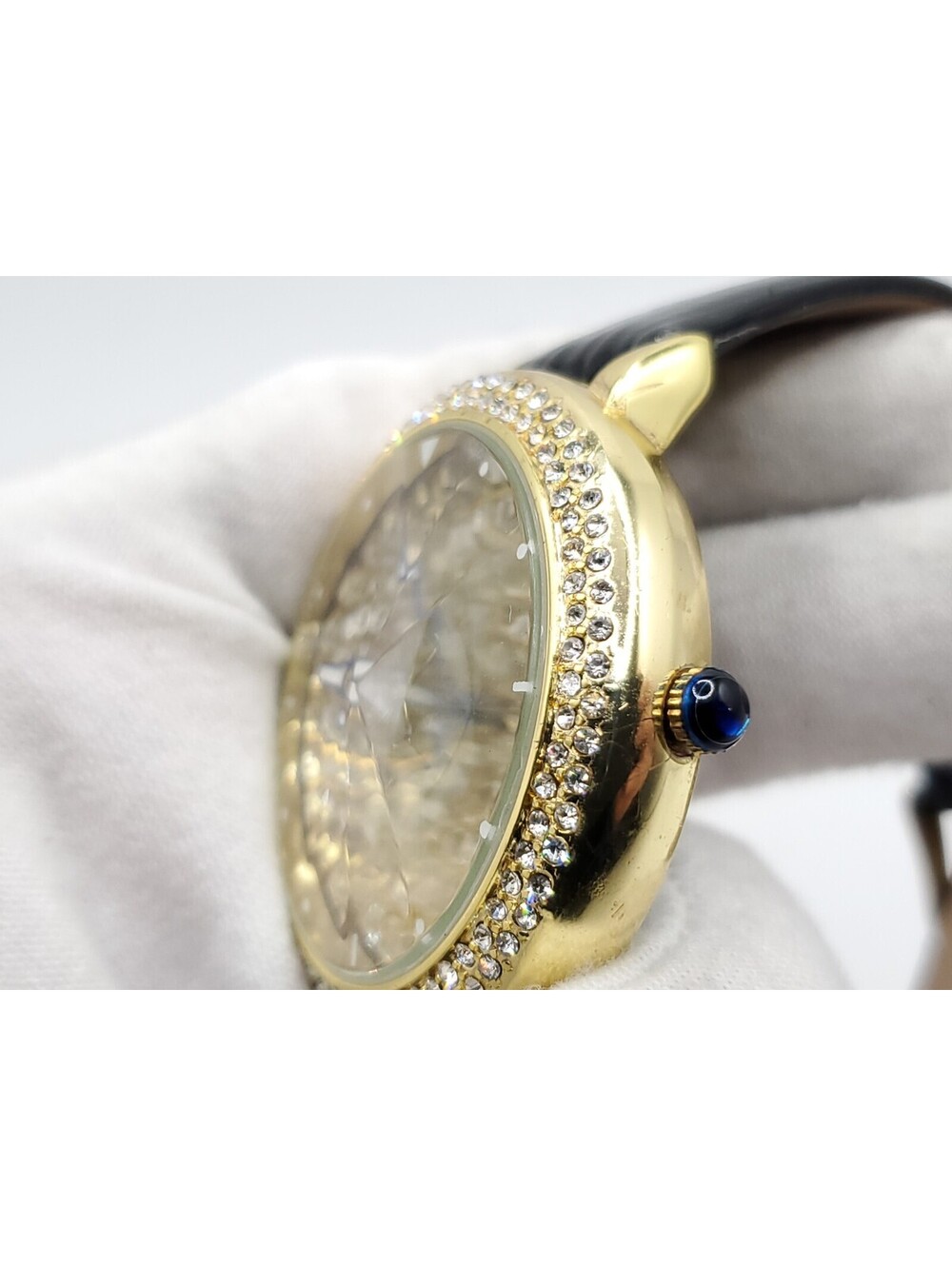 Strada Prisim Gem Quartz Watch Women New Battery Gold Tone Rhinestone Bezel 43mm - Picture 8 of 14